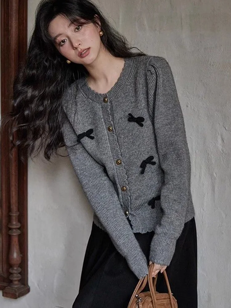 Jmprs Vintage Bow Grey Cardigan Sweaters Women Casual Sweet Preppy Style Knitted Coats Long Sleeve Design Japan Retro Lady Tops