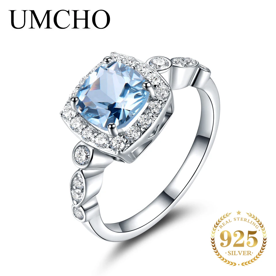 

Umcho реального S925 серебряные кольца для женщин голубой топаз кольцо драгоценный камень Аквамарин подушки романтический подарок обручальное ювелирные изделия