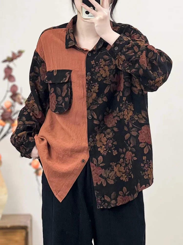 Masss Wasss Design Spring Clothes Womens Printed Loose Linen Shirts Ladies Casual Vintage Blouses Females Classic Floral Tops