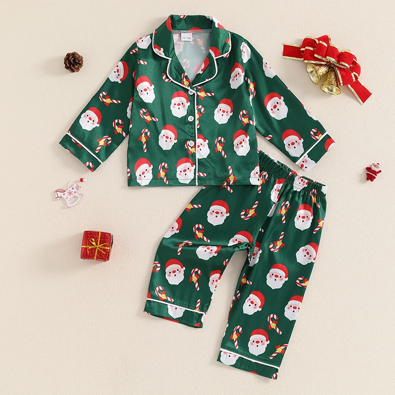 2024-06-21 Lioraitiin Kids Girls Christmas Pajamas Set Santa Claus Print Button up Long Sleeve Shirt and Elastic Pants Sleepwear