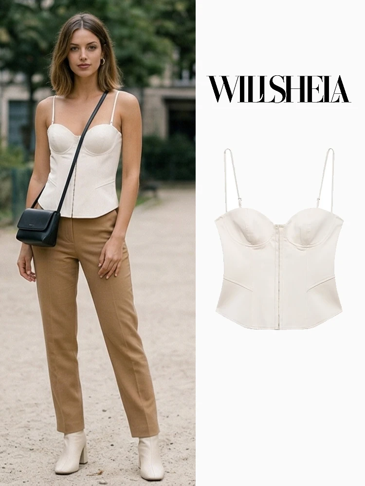 Willshela Women Fashion Beige Hidden Breasted Backless Corset Tops Vintage Thin Straps V-Neck Female Chic Lady Crop Top