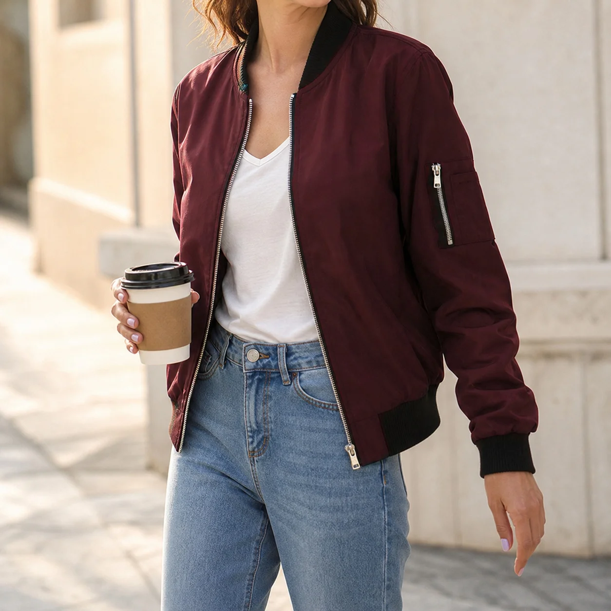Women's Elegant Medium Weight V Neck Long Sleeve Slim Fit Solid Color Jacket with Zipper Front and Ribbed Cuffs for Female