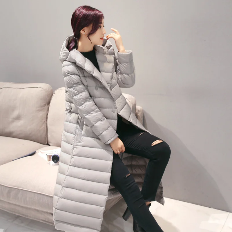 With Belt Winter Double Breasted Hooded Down Coat Women Warm Light Thin White Duck Down Jacket Lady Long Puffer Parkas Outwears