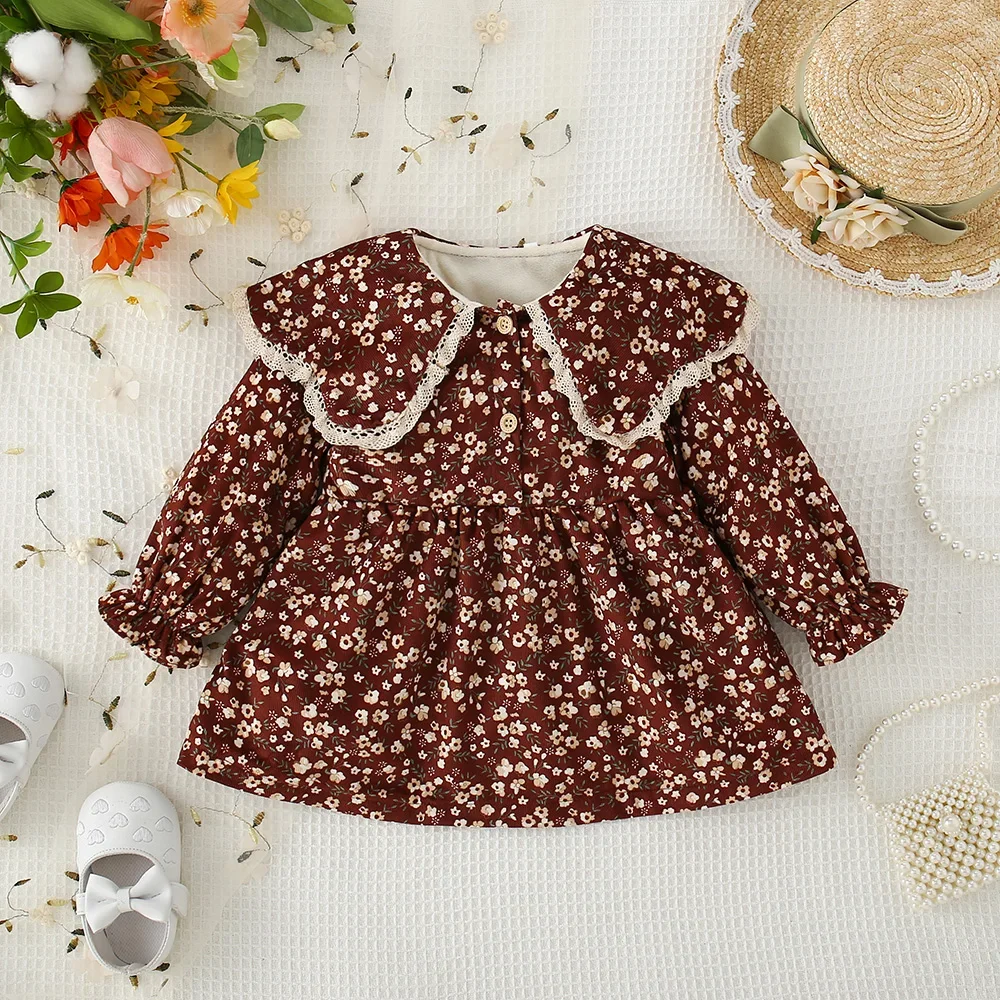 Autumn/Winter Girls\' Forest style floral long sleeved dress with lace petal collar Korean version plush children\'s skirt