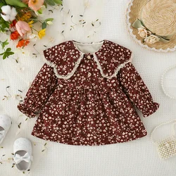 Autumn/Winter Girls' Forest style floral long sleeved dress with lace petal collar Korean version plush children's skirt