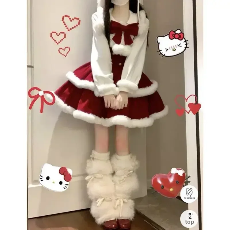 عيد الميلاد Kawaii لوليتا السنة الجديدة حفلة القوس هامش المرقعة بلوزة أحمر الظهر حزام فقاعة فستان المرأة مرحلة الأداء زي