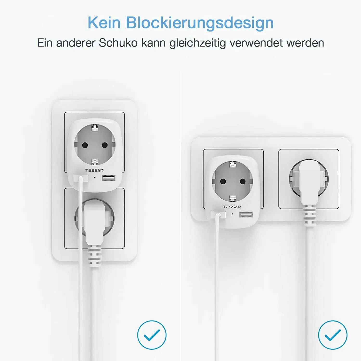 TESSAN EU Plug Wall Socket Extender with 1 AC Outlets and 2 USB Ports 5V 2.4A Adapter 3-in-1 Plug Socket Charger for Home Travel