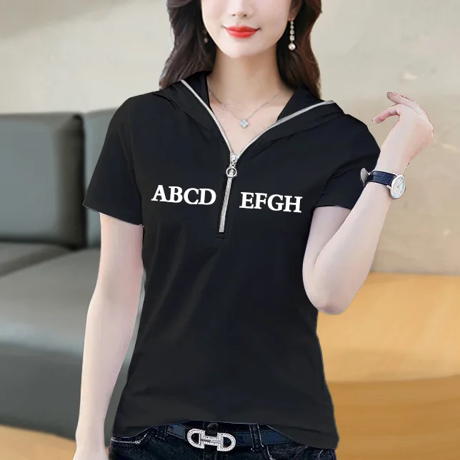 

Short Sleeve Hooded Short Sleeve T-shirt Ladies Fashion Half Zipper Casual Loose Korean Style Half Sleeve T-shirt Women's Top