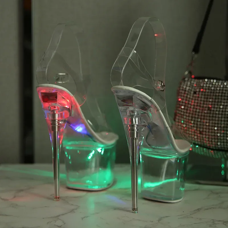 Women\'s Led Illuminated Sandals Clear Heel Size 34-43 Glowing Sandals Catwalk  Pole Dancing Shoes Crystal Soles LFD-10368