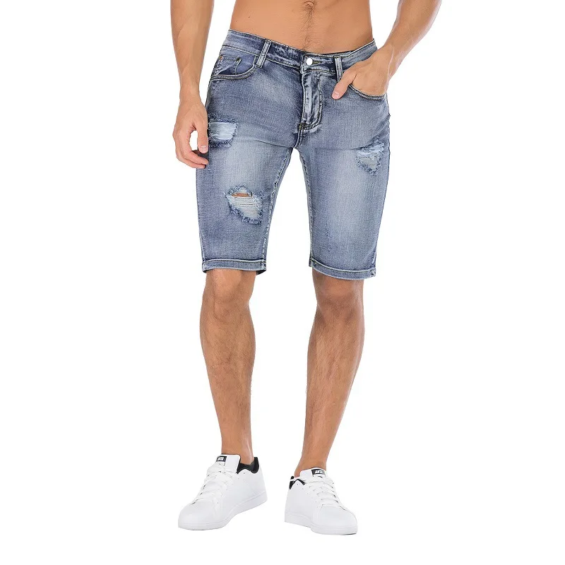 2026 Summer Denim Mid-Cut Pants with Hole Design New Style, Bold and Retro, Multi-Color, Trendy Men's Elastic Five-Piece Pants