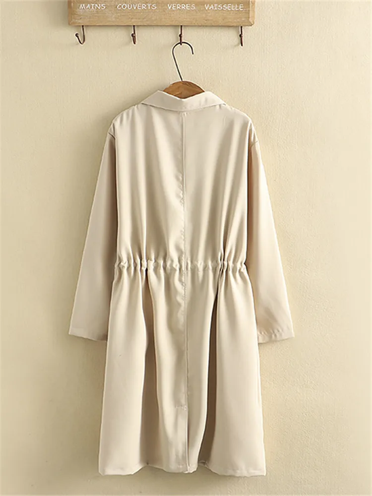 Plus Size Clothing In Spring And Autumn Wear Mid-Length Trench Coat Double Breasted Solid Color Waist Drawstring Large Size Coat