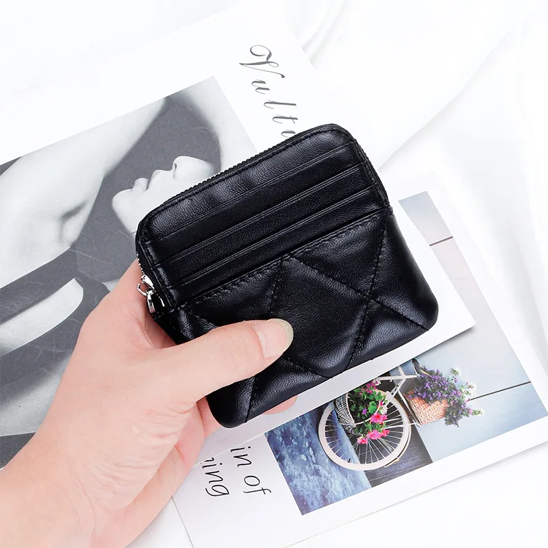 Luxury Embroidery Sheepskin Female Short Wallet Brand Check Thread Genuine Leather Mini Zipper Card Holder Coin Purse for Women