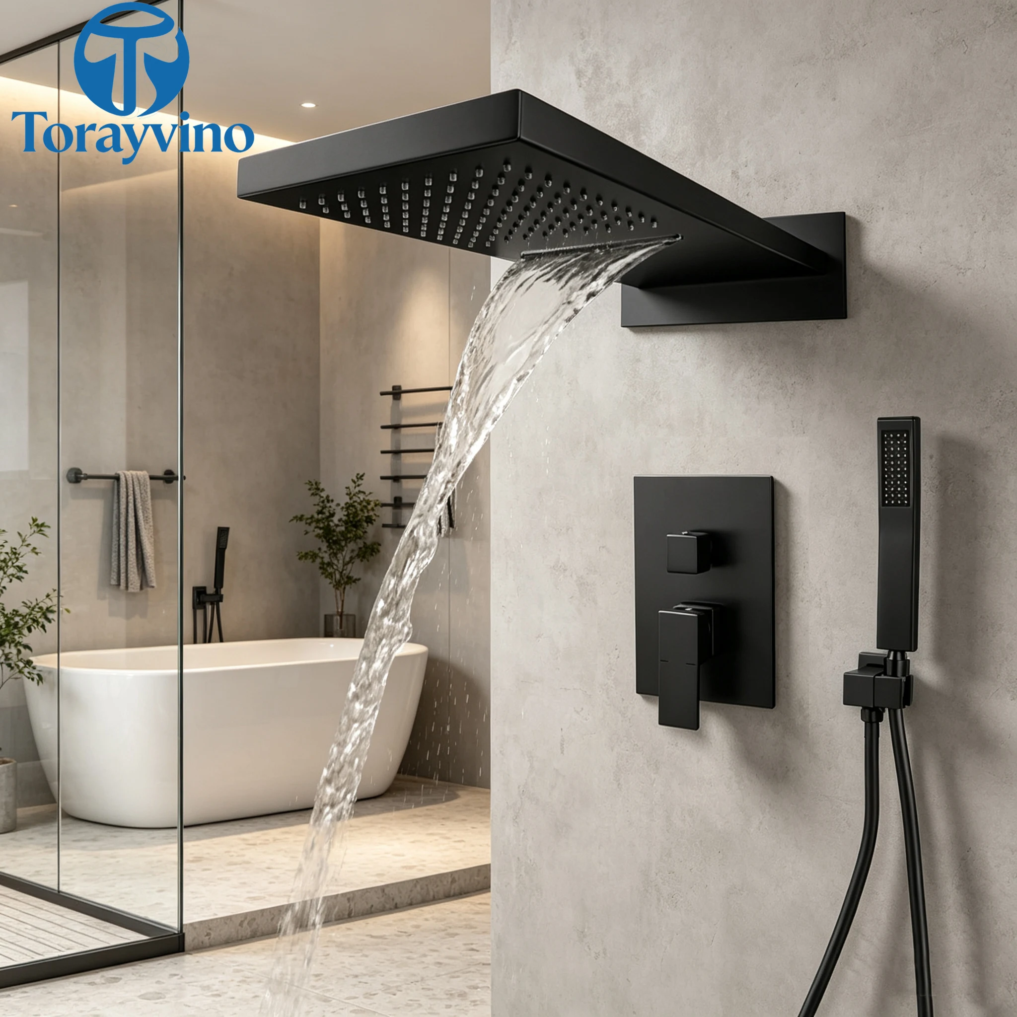 Torayvino Luxury Golden Waterfall Bathroom Black Shower Faucet System Set Outdoor 3-Functions Rainfall Shower Bathtub Mixer Taps