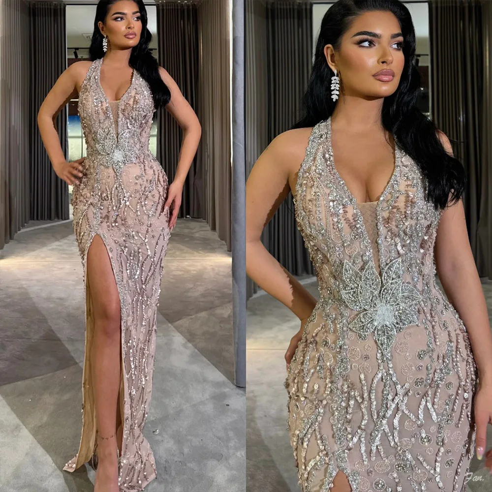 

Glitter Evening Dresses Crystal Sequins Beaded Mermaid Sleeveless Halter Party Gowns Women Prom Dress Floor Length Customized