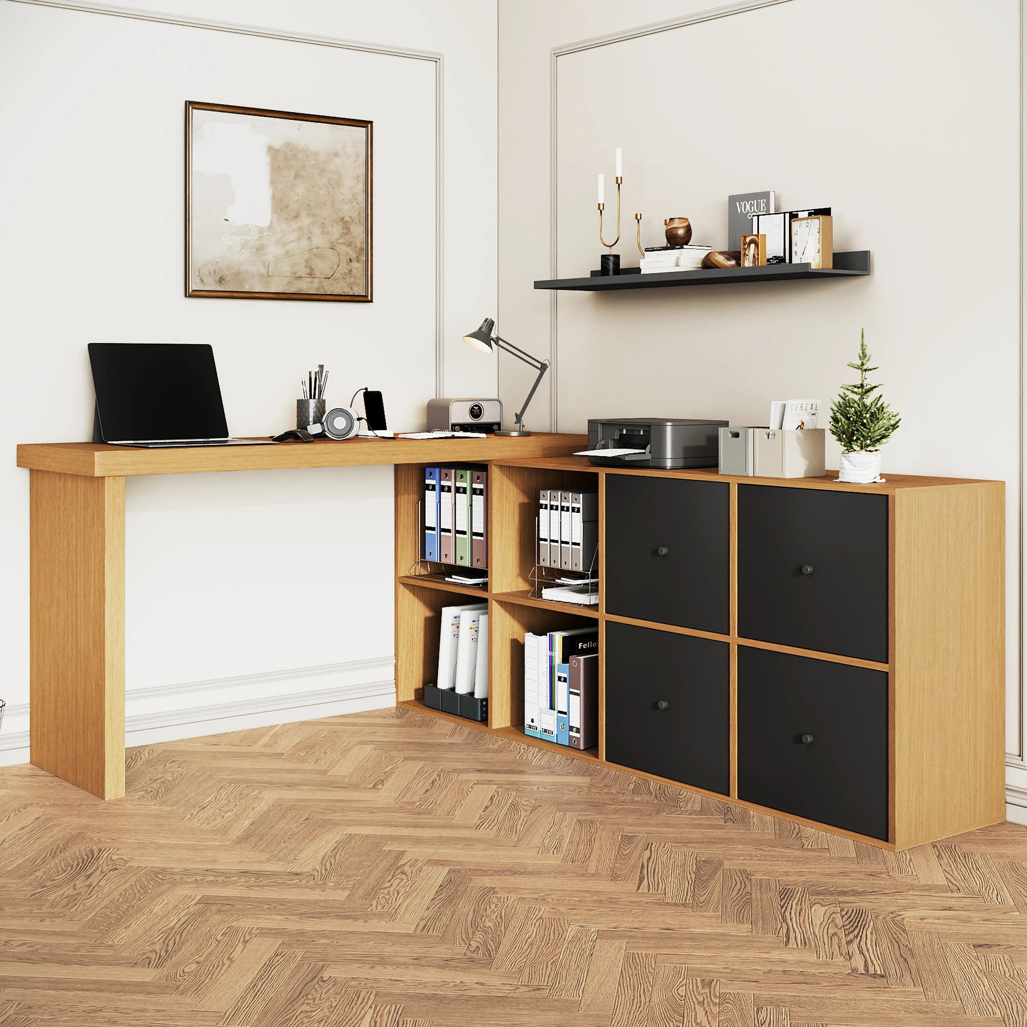 Bureau d'angle, table de jeu avec étagère, bureau d'angle avec port de charge USB et prise, table d'ordinateur en forme de L de 120-140 cm