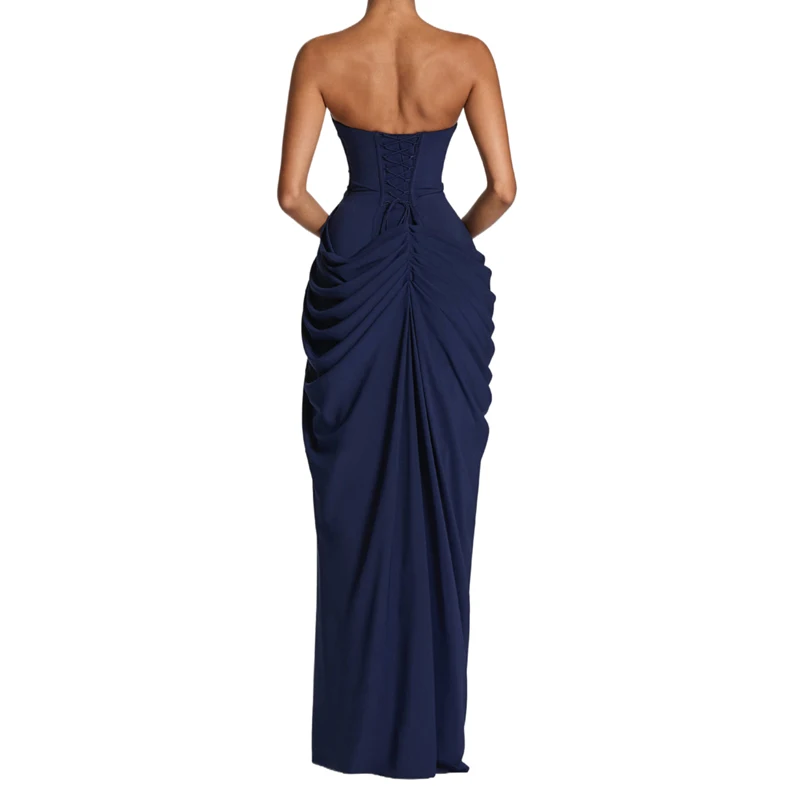 Damen trägerloses asymmetrisches Maxikleid mit Rüschen, Bandage-Taille, langes Abendkleid, sexy französischer Stil, für Abendpartys, Strandurlaub, Sommeroutfit – Detail 6