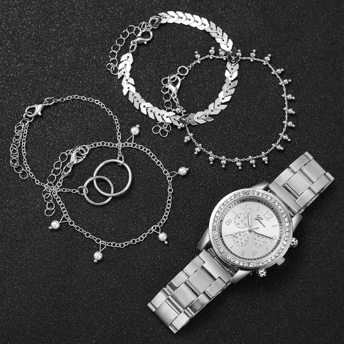 5PCS/Set Fashion Rhinestone Women\'s Watch Silver Alloy Band Analog Quartz Watches Bracelets Set