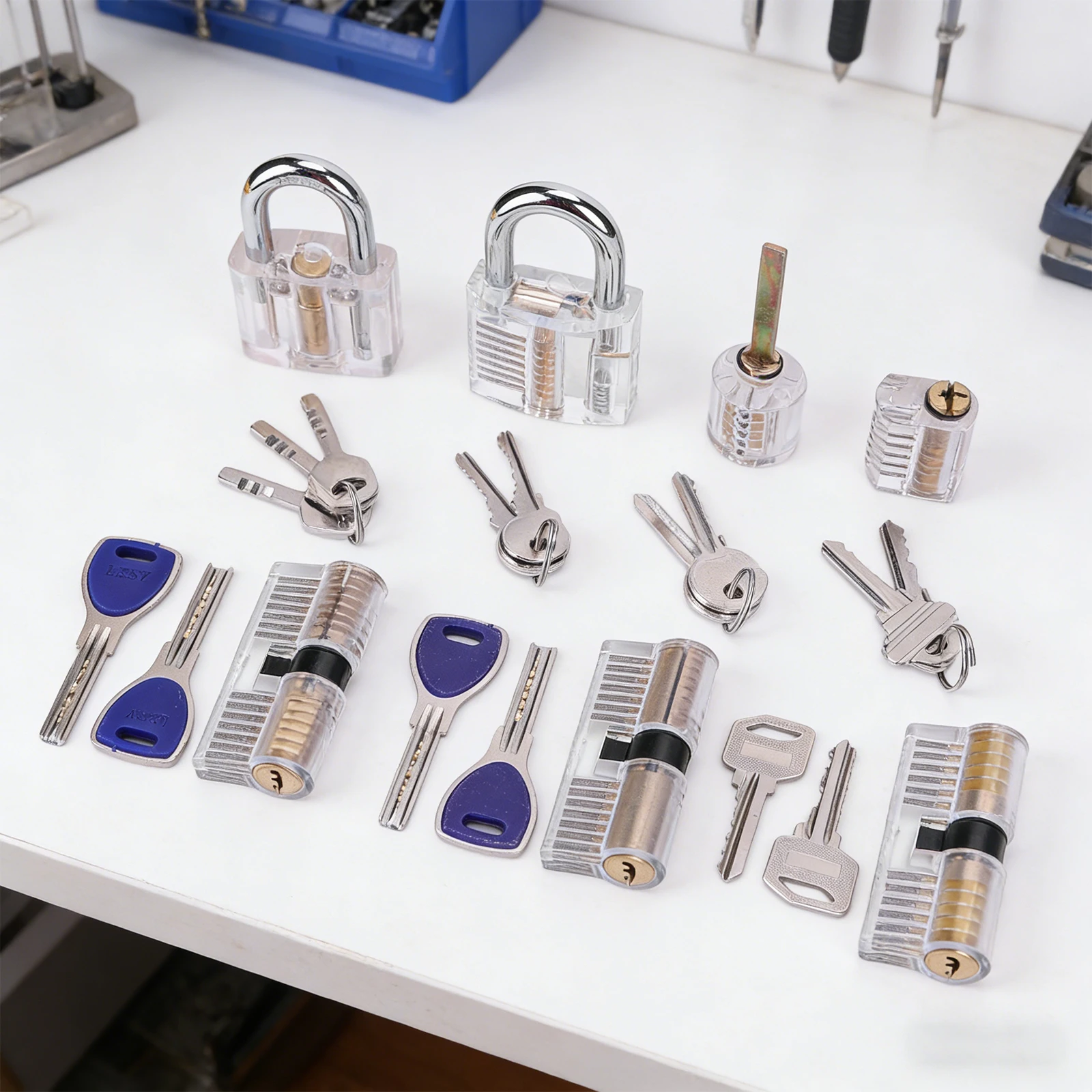 7PCS Visible Lock Pick Sets with 14 Keys Visible Practice Padlock Transparent Training Locks Ideal for Locksmiths Training