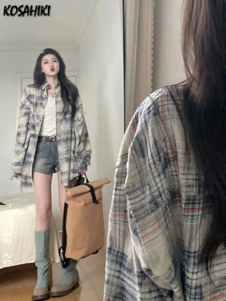 Vintage Plaid Single Breasted Harajuku Shirt  Y2k Aesthetic Oversized Bgrunge Louses Preppy Casual Streetwear Coats Outerwear