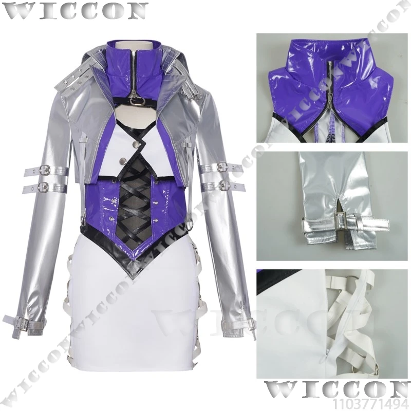 Shermie Viper Ning Game NARAKA Cosplay Silver Laser Color Coat Purple PU Clothes Sexy Woman Outfit Long Red Wig Cos Halloween