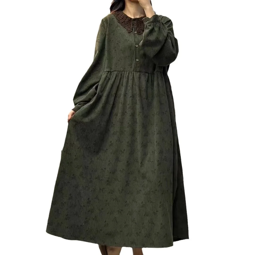 New Summer Cotton Linen Long Sleeve Dresses, Woman Lace Collar Floral, Mori Girl Casual Sweet Loose Dress, 2024 Autumn D47607QM