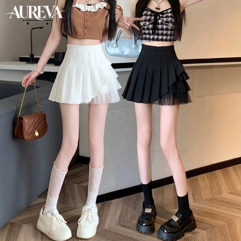 Women Mesh Tulle Pleated Mini Skirt 2026 New Summer Irregular A Line Umbrella Skirt High Waist Short Half Skirt For Ladies
