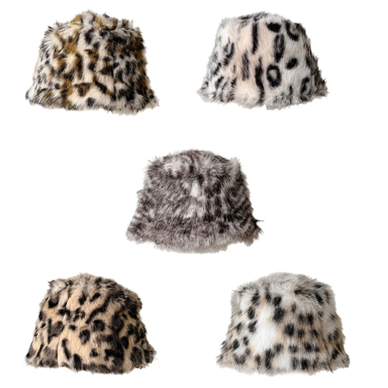 New Leopard Print Fuzzy Bucket Hat Comfortable Hat Travel Camping Skiing Hat for Winter Sports