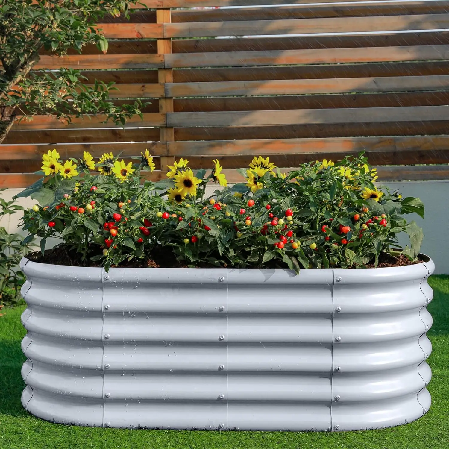 Land Guard Kit de cama de jardín elevada galvanizada de 18 pulgadas de alto, 4 × 2 pies, maceteros galvanizados para exteriores, jardín elevado de metal grande ovalado