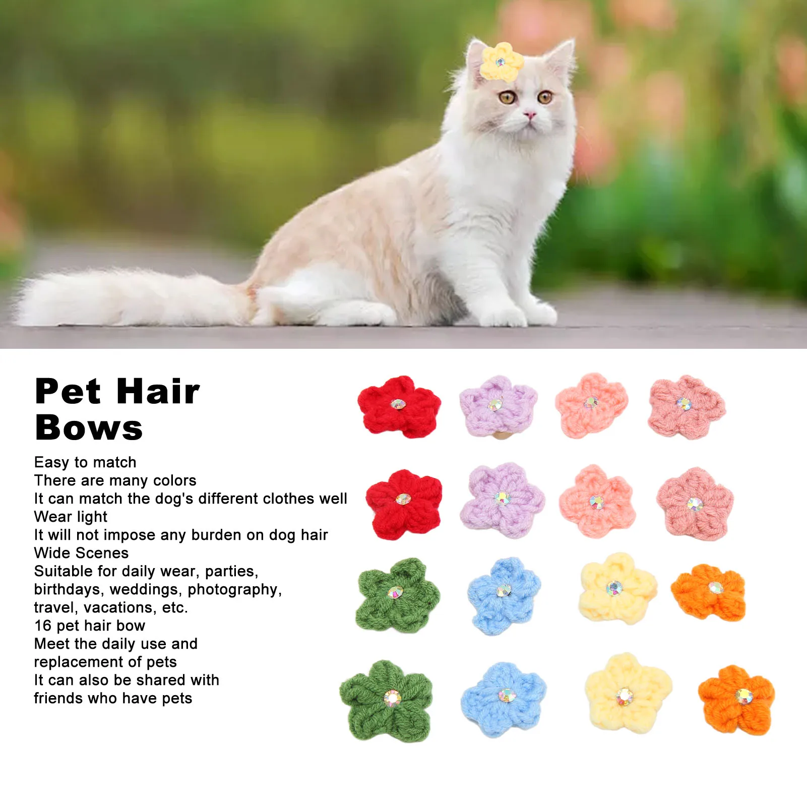 16pcs Pet Hair Bows Cute Vintage Wool Knitting Dog Hair Flower Bows With Rubber Bands For Small Medium Large Dogs Cats