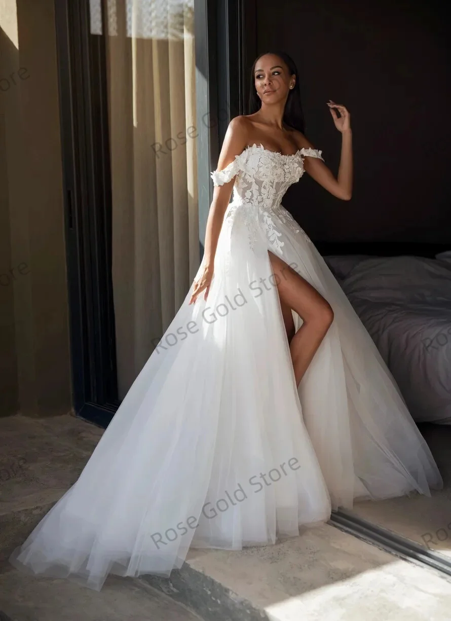 Boho A Line Wedding Dresses for Bride Off Shoulder 3D Flower Lace Applique Robes Tulle Side Slit Customized Vestidos de Soriee