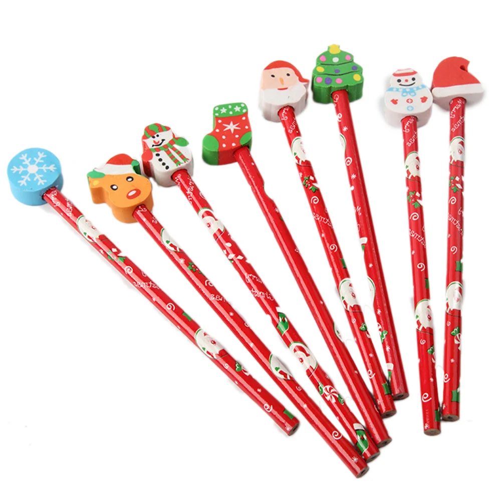 

12 Pcs Christmas Pencil Creative School Gum Eraser Stationery Wooden Cartoon Student for Kids