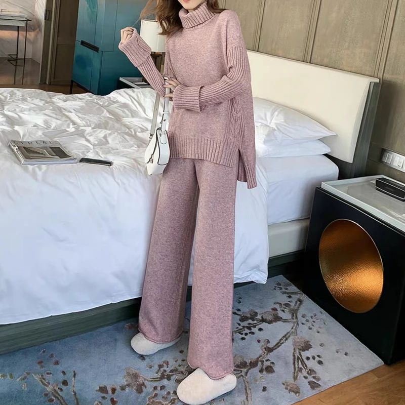 Spring and Autumn Winter Lazy Style Loose High Collar Long Sleeve Sweater Wide Leg Pants Two Piece Set for Women