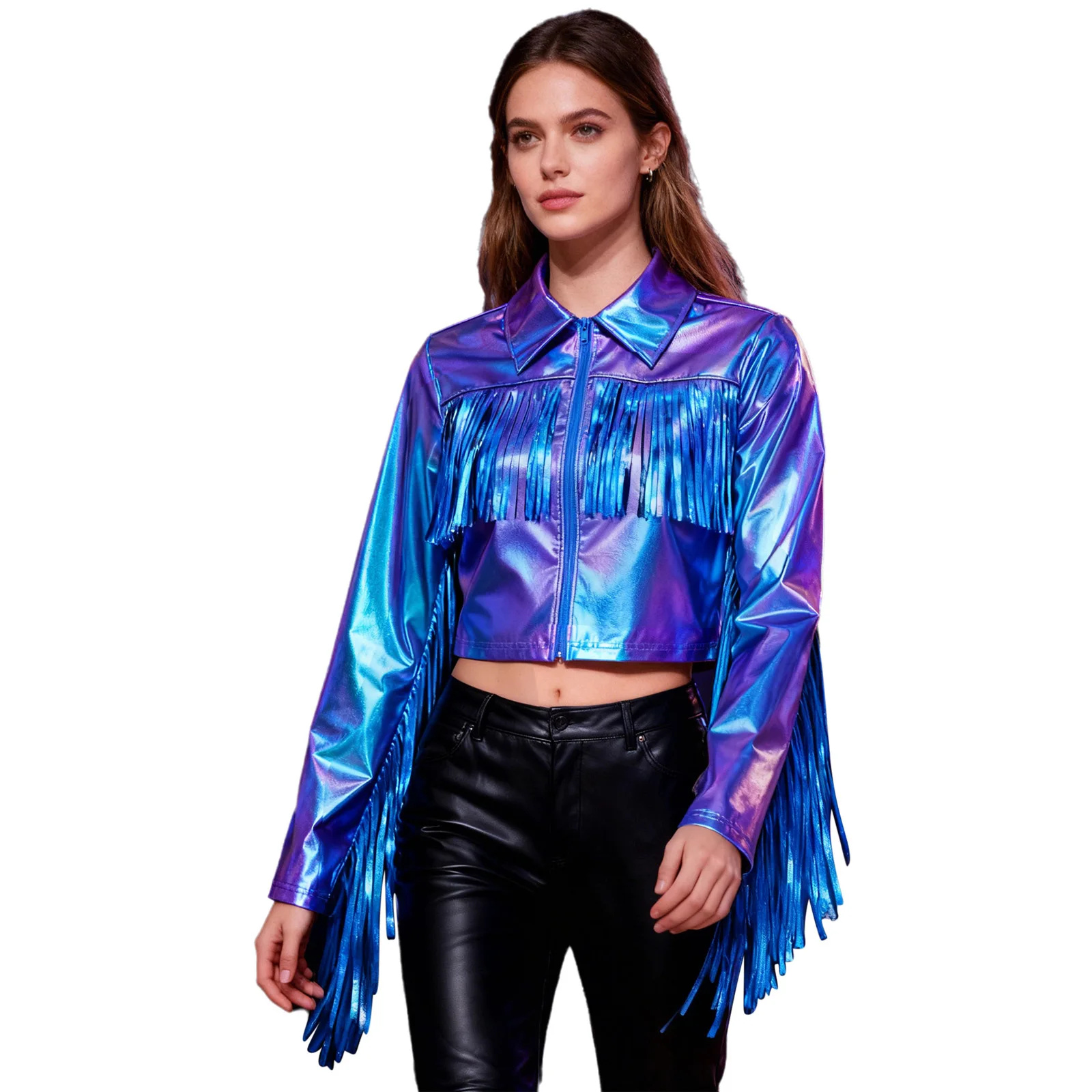 Womens Shiny Metallic Tassel Cropped Jacket Turn-Down Collar Fringed Long Sleeve Front Zipper Coat Rave Dance Party Outerwear