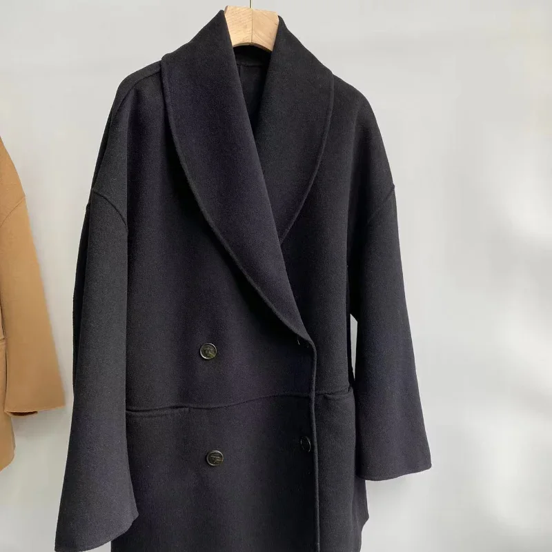 Autunno e inverno nuovo cappotto di lana doppiopetto a 3 colori cappotto di lana con risvolto a scialle con profilo allentato di media lunghezza