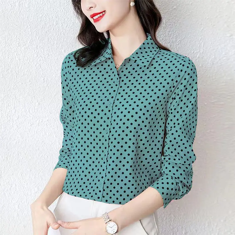 Office Lady Polka Dot Printed Shirt Spring Summer Long Sleeve Korean Single-breasted Female Clothing Casual Polo-Neck Blouse New