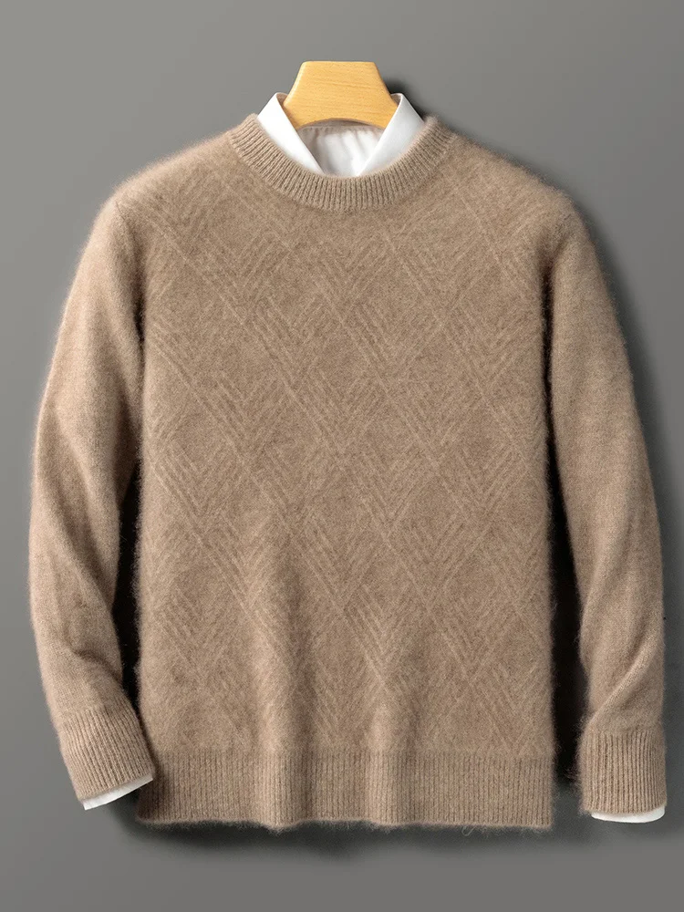 New Men's Wool Sweater diamond jacquard Pullover Autumn Winter Long Sleeve Thick Knitting Sweater 100% Merino Wool Knitwear Tops