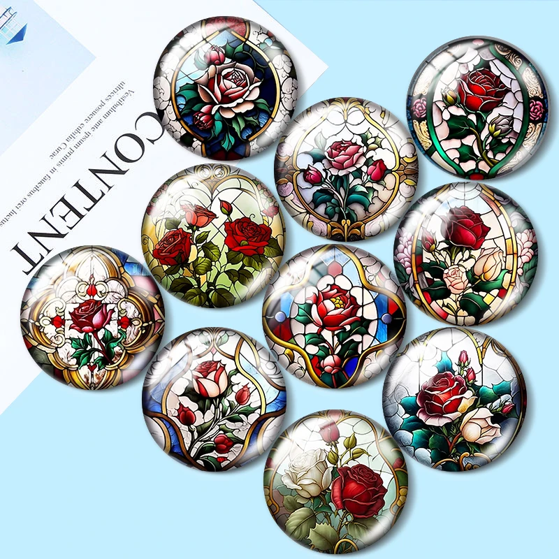 Watercolor roses 10pcs 12mm/16mm/18mm/25mm Round Photo Glass Cabochon Demo Flat Back Making findings