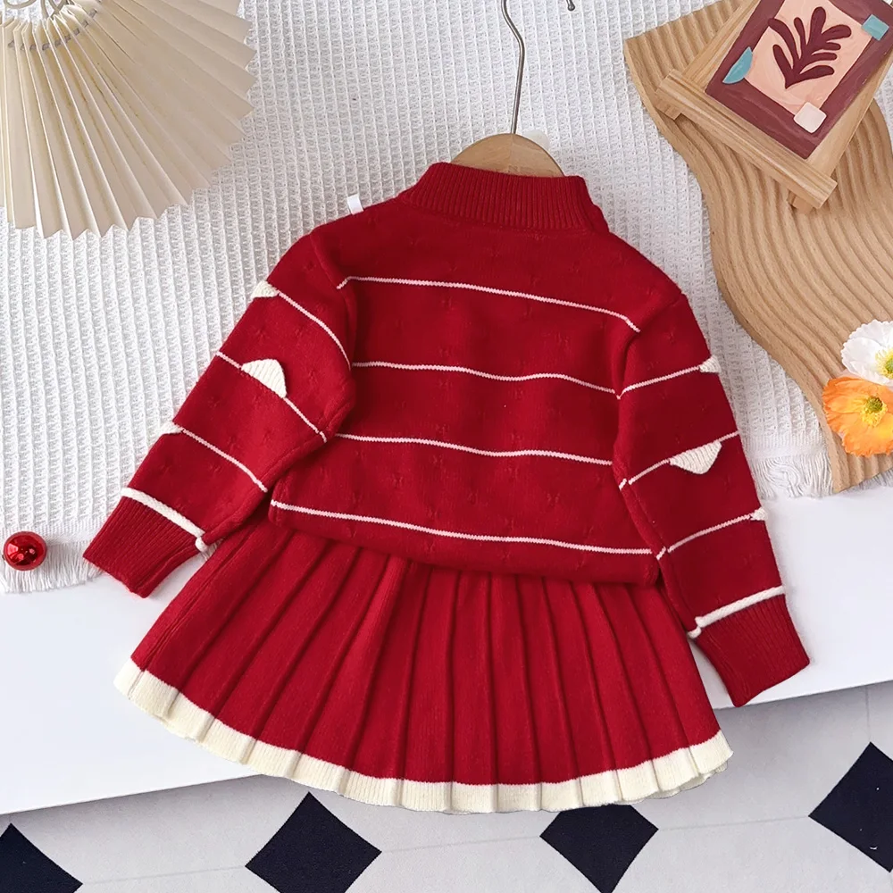 Bear Leader Autumn Winter Striped Color Blocked Knitted Sweater+Pleated Skirt 2-piece Set Red Christmas New Year Girl Clothes