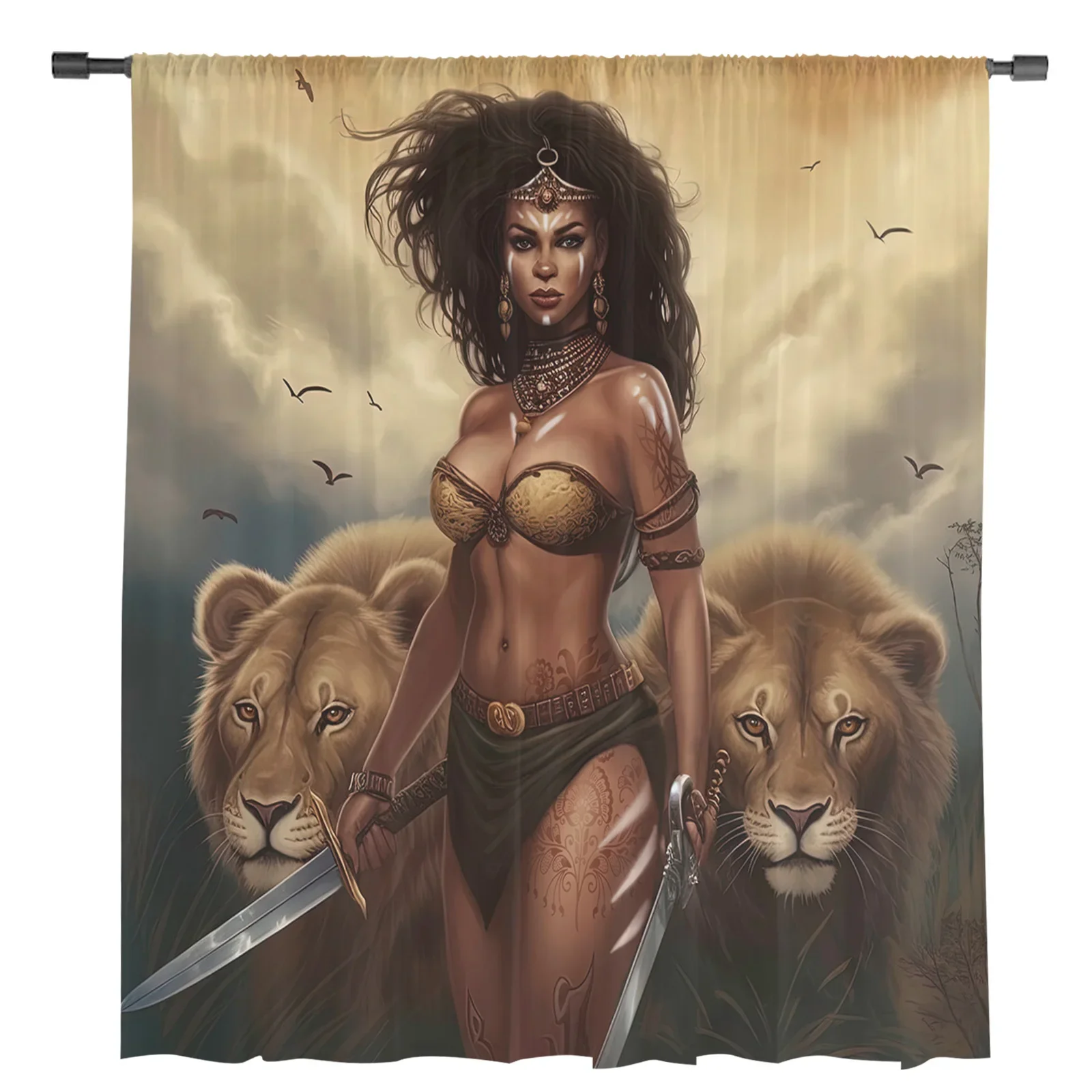 African Savanna Woman Lion Tulle Curtains For Living Room Kitchen Decoration Chiffon Window Treatments Voile Sheer Curtain