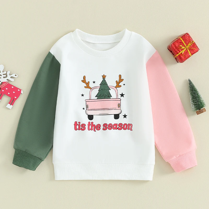 

3-6Y Kids Girls Sweatshirt Tops Long Sleeve Crew Neck Letters Truck Print Contrast Color Pullover T-Shirts Christmas Costume