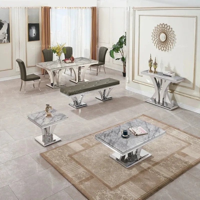 Luxurious Marble Dining Tables, High-end Hotel Restaurant Tables, Rectangular Gold Stainless Steel Dining Tables and Chairs