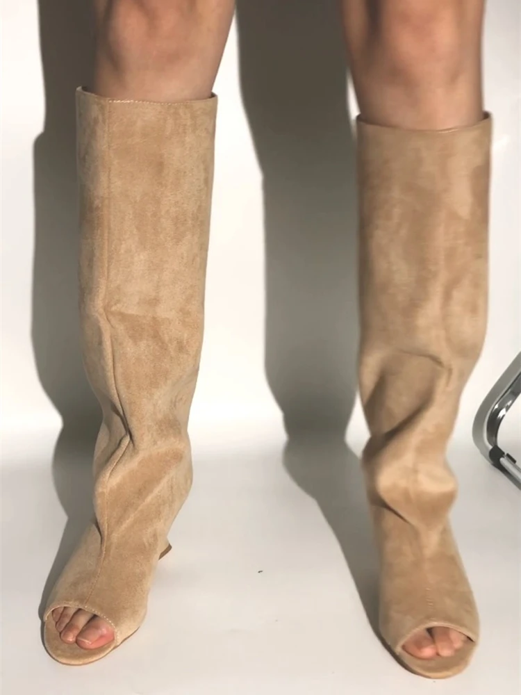 2025 High-quality Peep Toe Women's Knee High Boots Round Toe Wedges Suede Woman Long Boots Party Wedding Versatile Female Shoes image 2