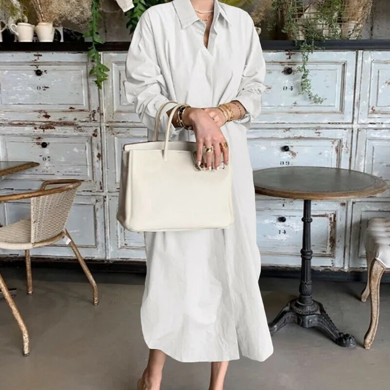 Moda Primavera Vestito Estivo Donna Allentato Causale Tinta Unita Manica Lunga Maxi Abito Camicia Lunga Bianco/Nero Abiti da Vacanza Veste