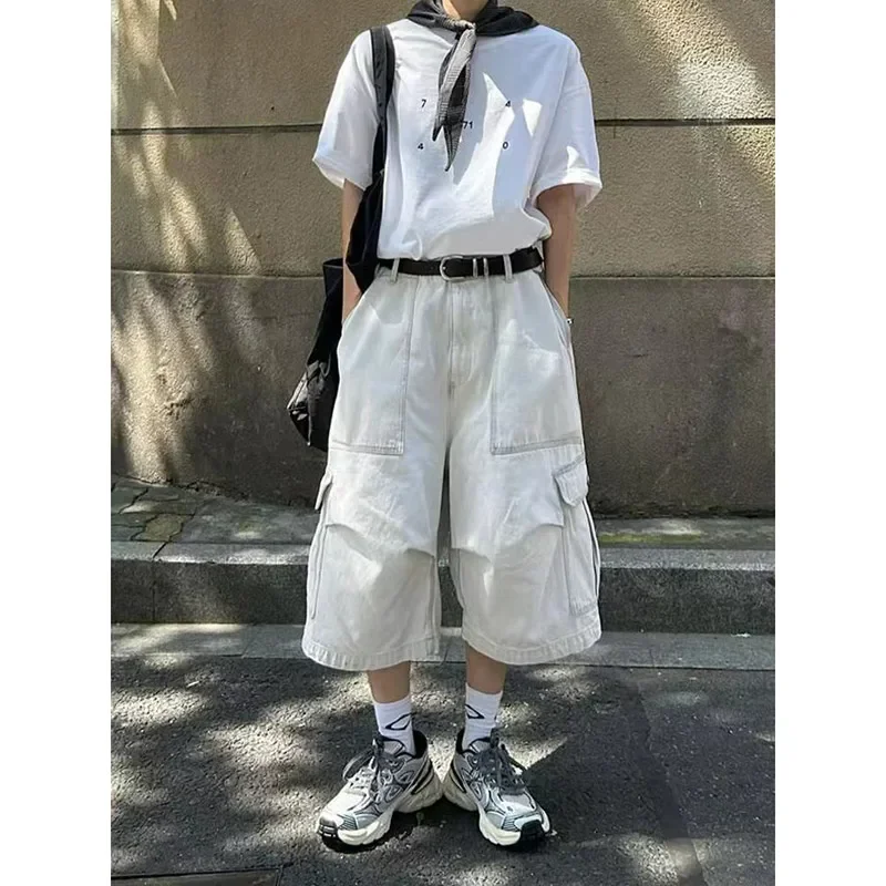 

American Retro Straight Loose Jeans Women Unisex Large Pocket Versatile Casual Denim Cargo Pants Streetwear Wide Leg Shorts