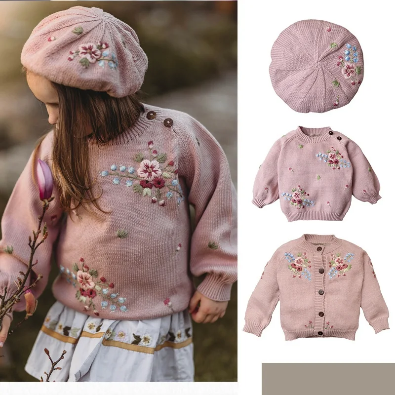Girls Sweater 2026 Winter New Pink Fashion Heavy Industry Embroidery Korean Edition Kids Knit Pullover Cotton Warm Cardigan Coat