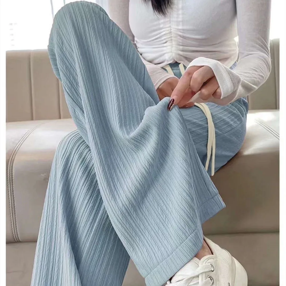 Crinkle Fabric Wide Leg Pants Ultra Thin High Waisted Palazzo Pants Drapey Elastic Waist Straight Leg Trousers Summer Wear