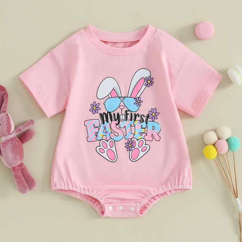 

Baby Girls Easter Romper Short Sleeve Crew Neck Letter Bunny Print Casual Romper