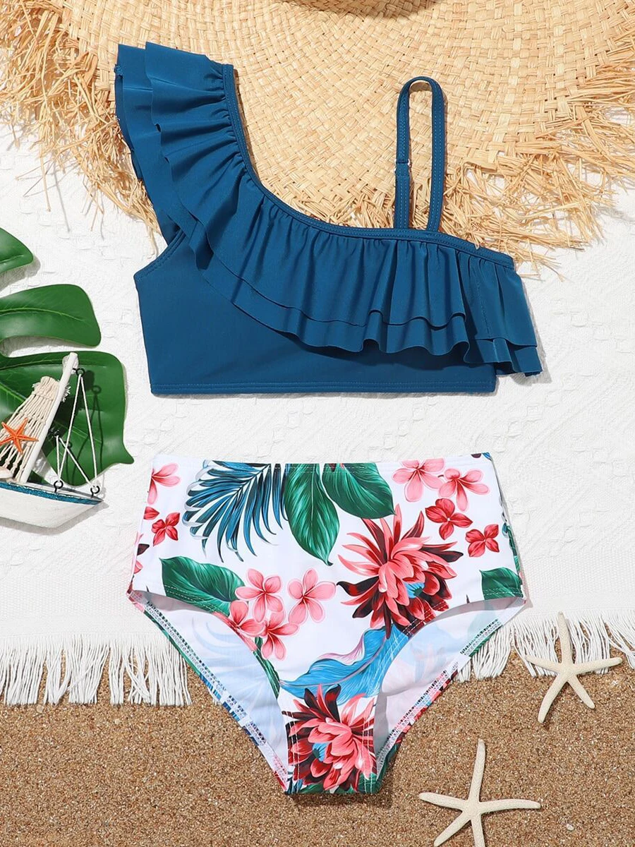 Bikinis con volantes para niñas, traje de baño de un hombro, ropa de playa para niños, 2023