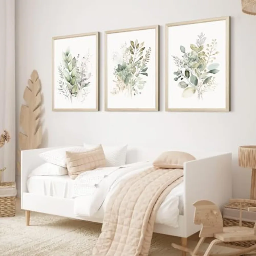 Boho floral wall art set of 3 for bedroom bathroom: sage green watercolor botanical prints on canvas, wood framed, 16x24 inch, - view 3