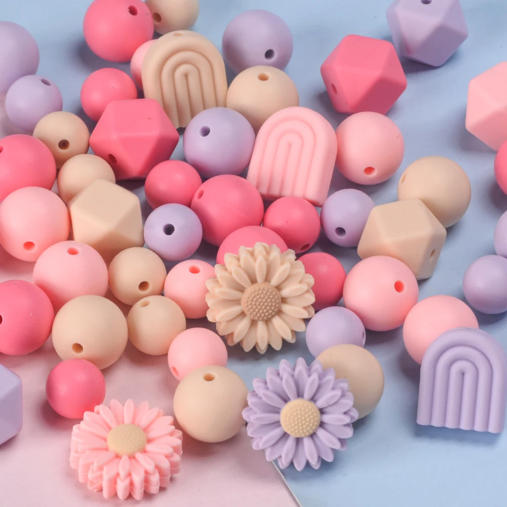 LOFCA 50pcs Soft Silicone Flower Round Teething Beads Mixed Set For DIY Bracelet Necklace Jewelry Crafting accessories Wholesale view 5